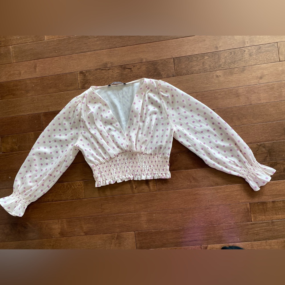 Zara Polka Dot Smocked Cropped Top Blouse Size S
